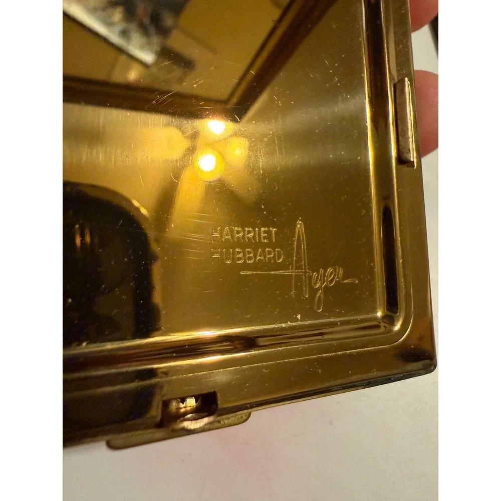 Harriet Hubbard Ayer Vintage Gold Tone Plaid Powder Compact with Mirror & Puff